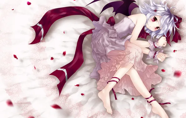 Wings, petals, dress, girl, lace, touhou, lying, Remilia Scarlet