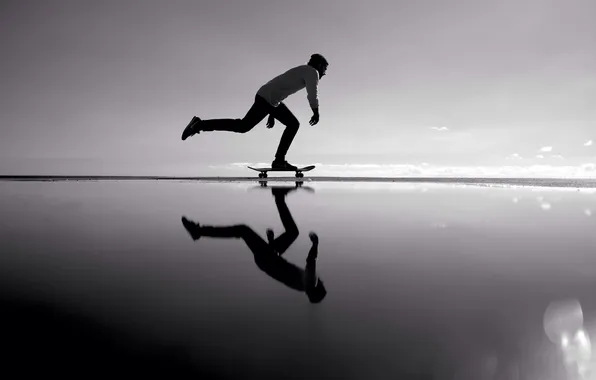 The sky, the sun, clouds, lake, reflection, mirror, horizon, skateboard