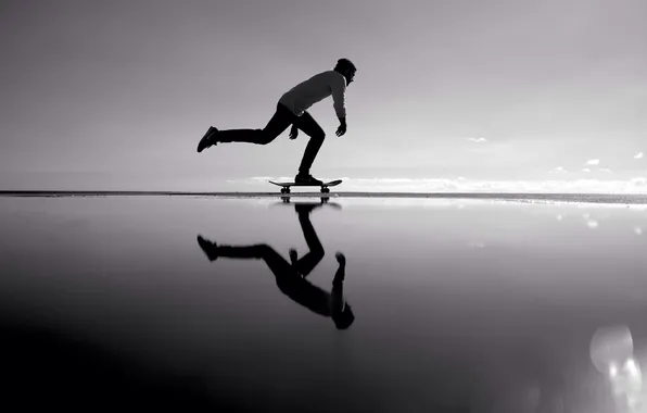 Picture the sky, the sun, clouds, lake, reflection, mirror, horizon, skateboard