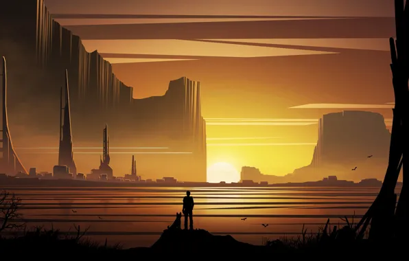 Sunset, The sun, Dog, People, View, Silhouette, Fantasy, Landscape