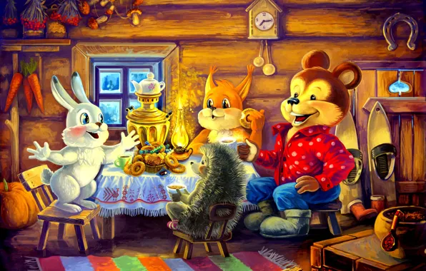 Watch, hare, bear, the tea party, samovar, squirrel