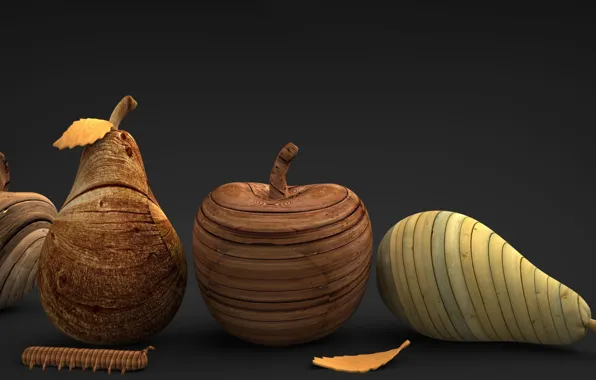 Caterpillar, fruit, wooden figures