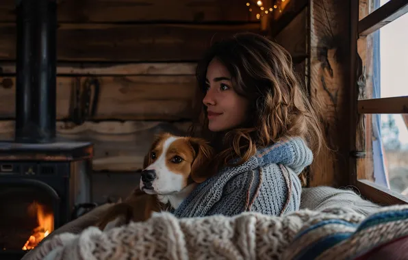 Girl, smile, comfort, house, room, fire, Board, dog