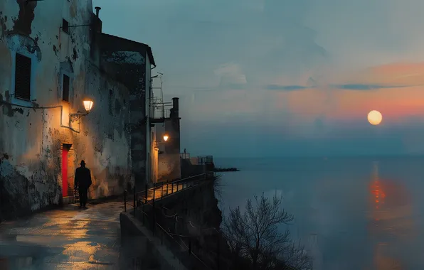 The sky, sunset, house, shore, the building, people, the evening, lights
