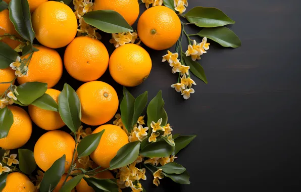 Leaves, flowers, oranges, fruit, grey background, flowering, citrus, twigs