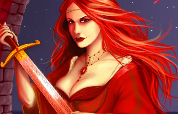 Picture look, girl, patterns, sword, dress, art, decoration, red hair