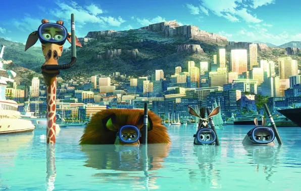 Picture the sky, water, the city, building, cartoon, mask, structure, Madagascar 3