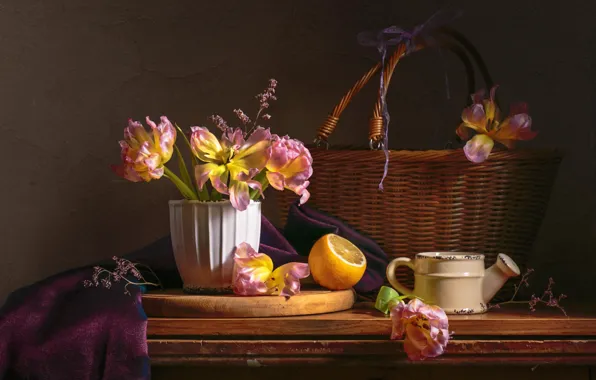 The dark background, lemon, bouquet, tulips, still life, basket, items