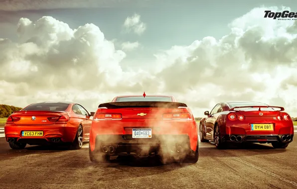 Top Gear, Red, Cars, BMW M6, Nissan GT-R, Track, Rear, Chevrolet Camaro Z28