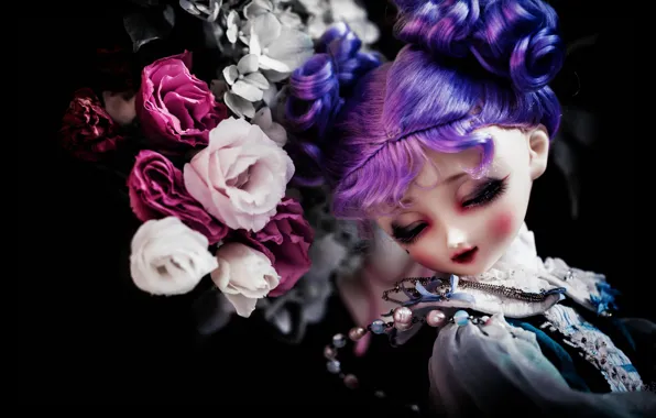 Girl, flowers, eyelashes, darkness, the dark background, background, black, hair