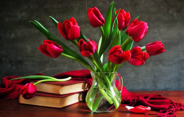 Books, bouquet, tulips, vase, still life