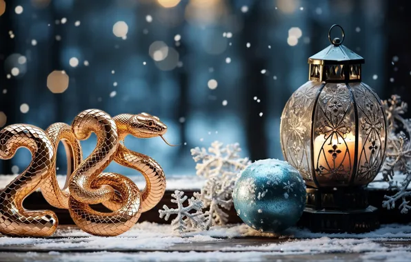 Winter, snow, gold, snake, figures, New year, golden, new year