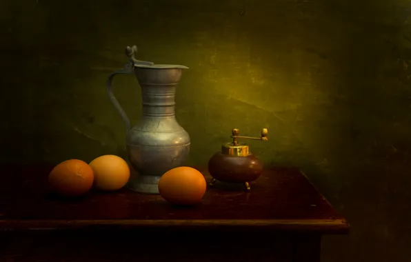 Eggs, pitcher, still life, pepper grinder, A Dutch insperation