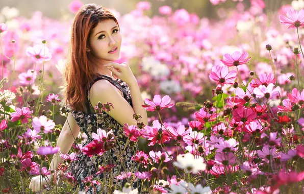 Summer, girl, flowers, Asian
