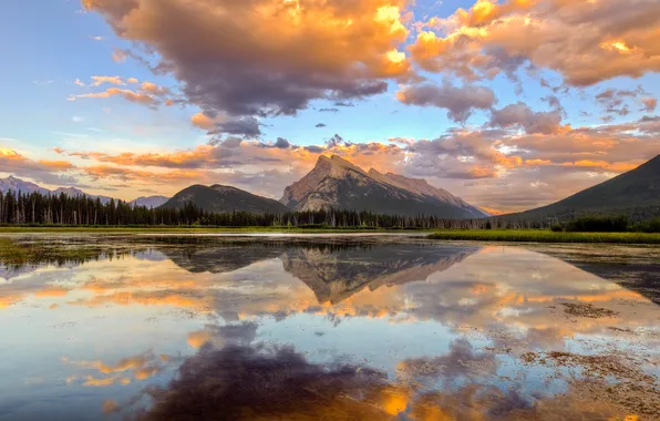 The sky, sunset, lake, Mountains, Canada