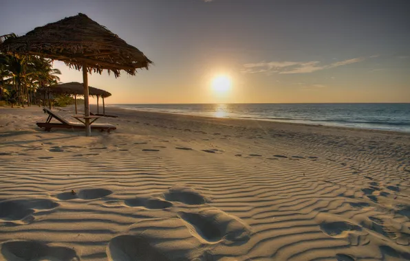 Sand, sea, beach, the sky, the sun, sunset, umbrella, canopy