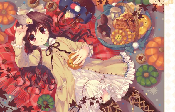 Girl, pumpkin, Halloween, birds, bag, plaid, nuts, chestnut