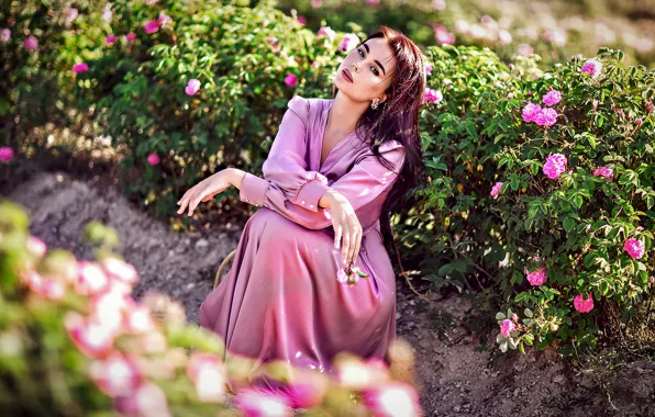 Picture flowers, look, pose, Park, brown hair, model, beautiful, girl
