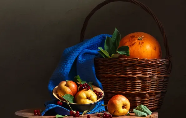 Leaves, berries, table, fabric, bowl, fruit, still life, basket
