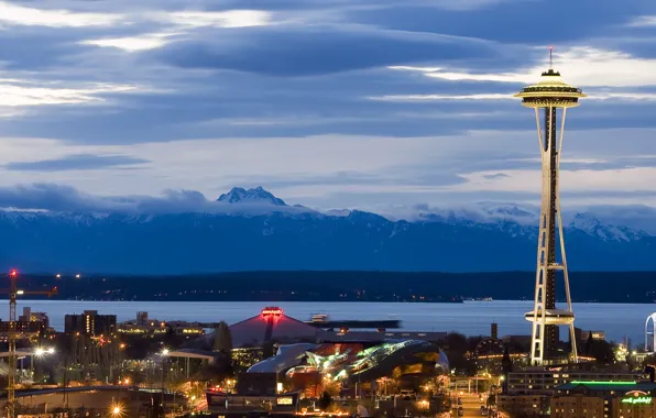 Mountains, tower, the evening, Seattle