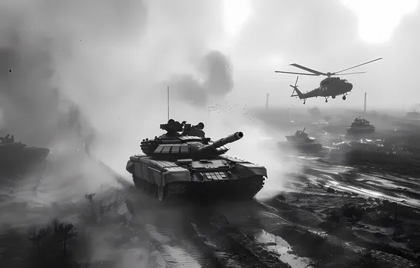 Dust, Smoke, Helicopter, Dirt, Tanks, Digital art, Black and white, AI art