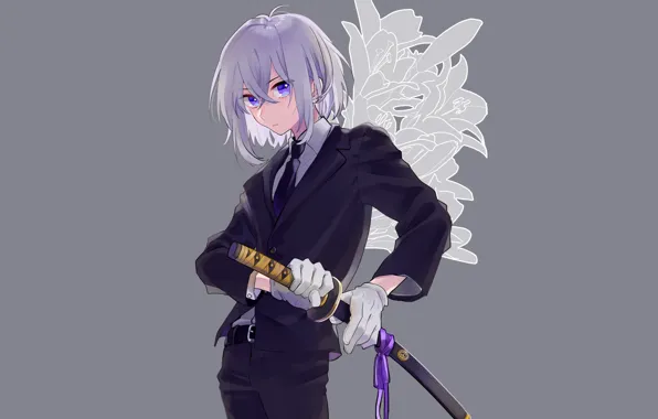 Flowers, Lily, sword, katana, guy, grey background, Touken Ranbu, Dance Of Swords