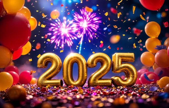Balls, night, lights, balloons, Shine, salute, figures, New year