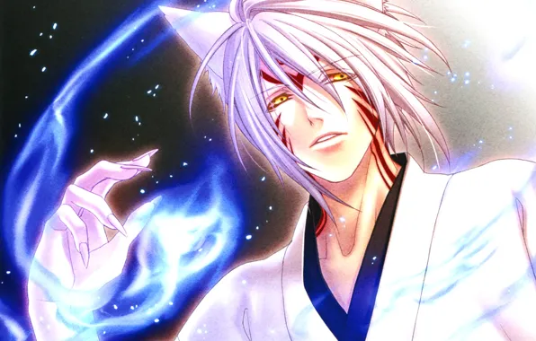The demon, tattoo, ears, yuuichi komura, hiiro no kakera, magic air, crimson shards, long white …