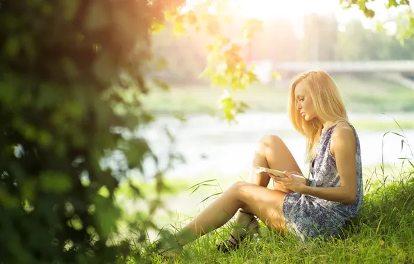 Summer, grass, girl, dress, blonde, book, girl, reads