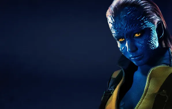 Picture Mystic, yellow eyes, dark blue background, X-men: First class, X-Men: First Class