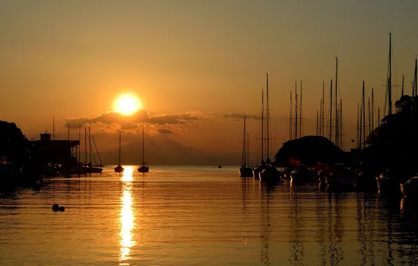 Clouds, dawn, boats, harbour