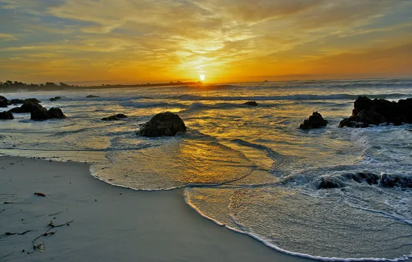 Waves, beach, sea, rocks, sunrise