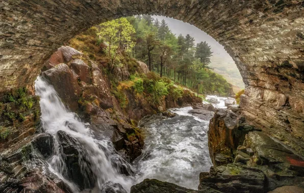 Trees, mountains, bridge, river, stones, rocks, arch, Wales