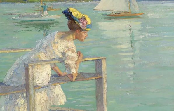 Girl, boat, picture, sail, On The Dock, Edward Cucuel, Edward Cucuel