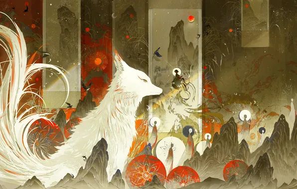 Mountains, fantasy, Fox, China, silhouettes