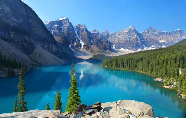 Picture forest, the sky, the sun, trees, mountains, lake, stones, rocks