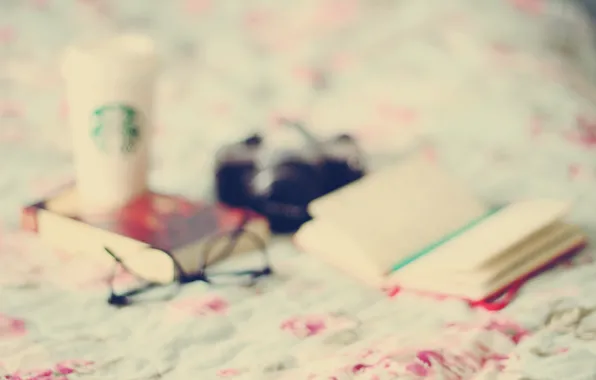 Picture glass, mood, blur, glasses, book, wallpapers, background. Wallpaper, mug. bed