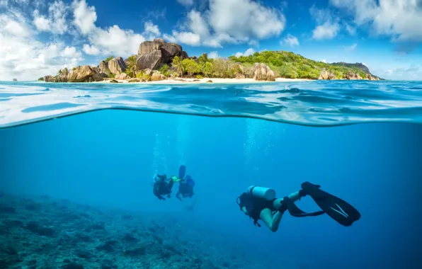 Picture landscape, the ocean, island, blur, corals, underwater world, diving, divers