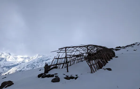 Mountains, The ruins, Nepal, snow-capped mountains, Nepal, abandoned dwelling