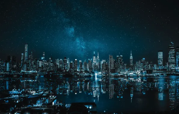 River, skyscrapers, port, river, starry sky, skyscrapers, port, starry sky