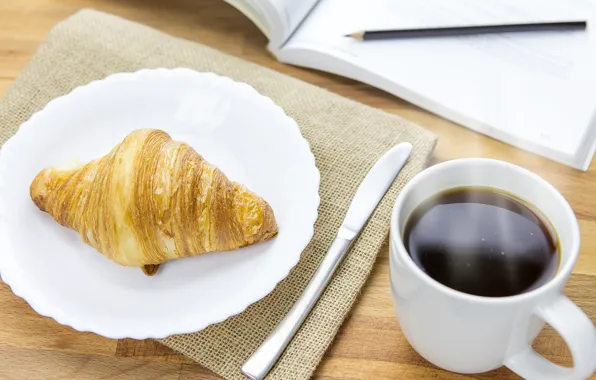 Table, coffee, Breakfast, plate, knife, mug, pencil, notebook