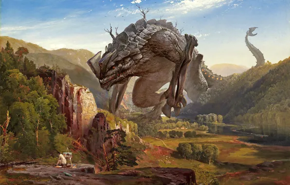 Forest, the sky, mountains, river, monster, valley, art, monster