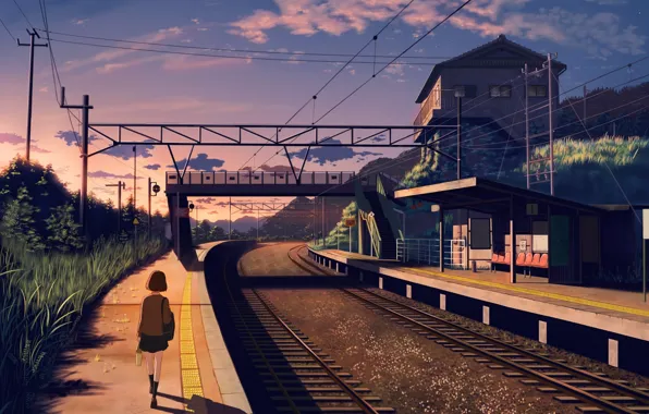 Picture girl, sunset, nature, house, rails, anime, art, form