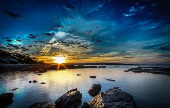 The sky, water, the sun, sunset, nature, stones, photo, dawn