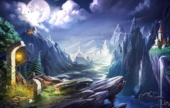 Landscape, mountains, river, castle, open, rocks, the moon, lantern