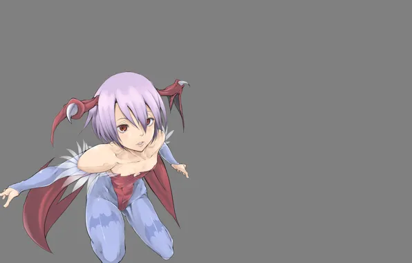 Picture girl, minimalism, grey background, sitting, Capcom, Lilith, Darkstalkers, girl demon