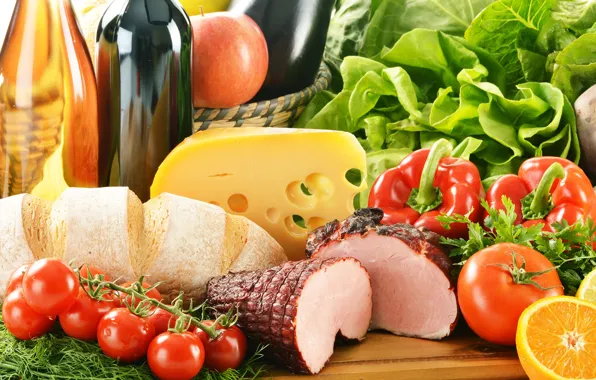Greens, wine, cheese, pepper, vegetables, tomatoes, cheese, pepper