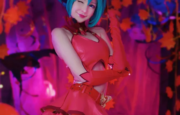 Girl, sexy, Hatsune Miku, cleavage, Vocaloid, blouse, thighhighs, smile