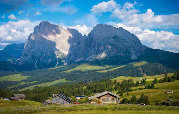 Picture clouds, mountains, tops, village, Alps, house, blue sky