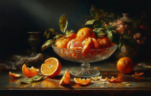 The dark background, table, oranges, vase, still life, tangerines, imitation painting, AI art